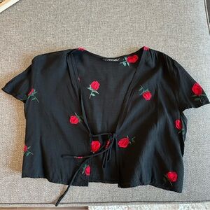 Princess Polly Black Crop Top with Red Rose Design